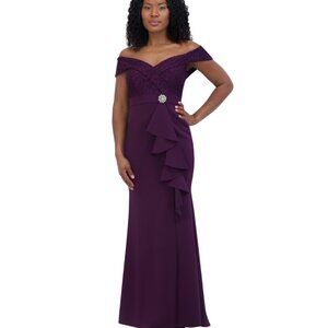 Jessica Howard Plum Formal Off-The-Shoulder Gown W/Ruffle & Rhinestone Detail Si